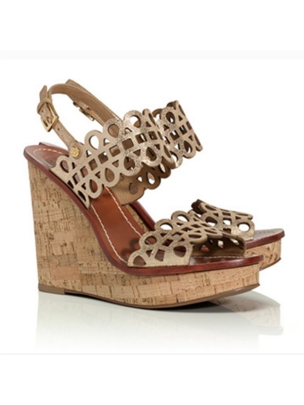 TORY BURCH Nori Laser Cut Cork Wedge Sandal Gold Size 7